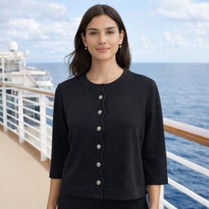 Exclusively Misook Black Cardigan sweater Size Large Jeweled Buttons Boxy Top